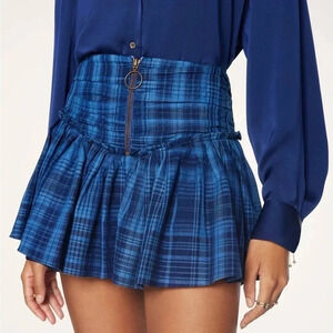 Ramy Brook Darla Pleated Mini Skirt Blue Plaid Zip Up Smocked School Girl XS